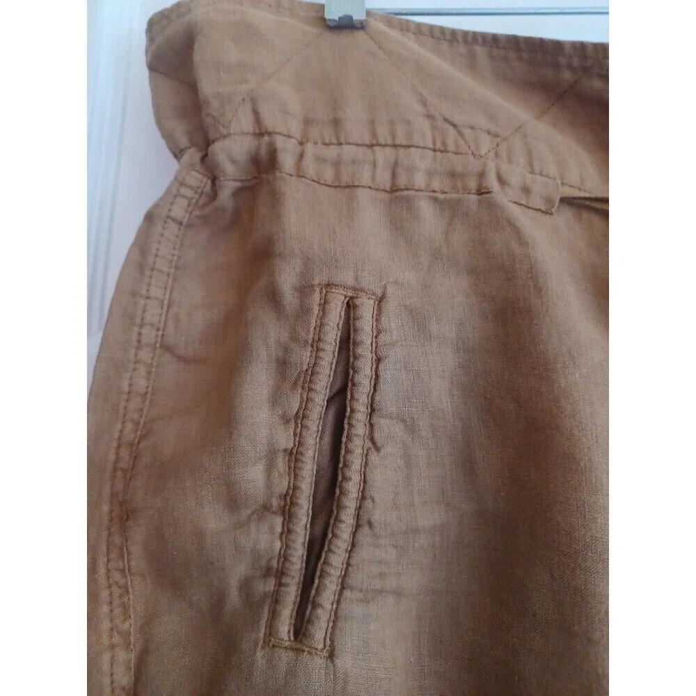 Zara brown linen tapered leg pants womens M paperbag waist button fly beach boho